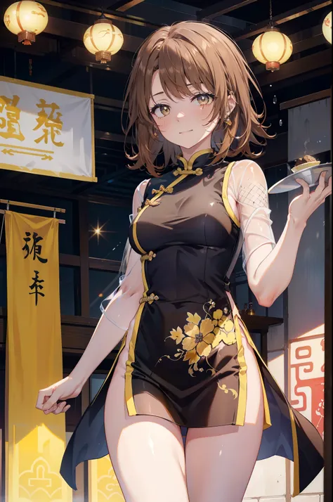 irohaisshiki, iroha isshiki, long hair,brown hair,, (brown eyes:1.5), happy smile, smile, open your mouth,no sleeve,yellow cheon...