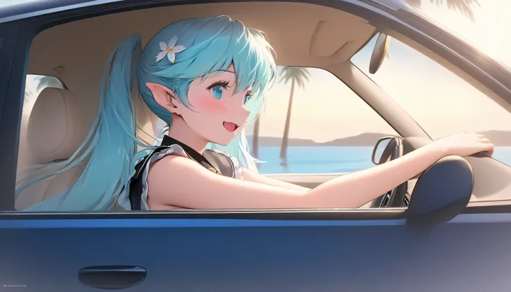 (masterpiece, best quality), 1 elven girl, ( bear breasts, thigh), (light blue hair, twin tails ,very long hair is fluttering in the wind), hair between eyes, multi colored hair,hair flower ornament ,(blush, smile, aqua eyes), open mouth, maid uniform, ...