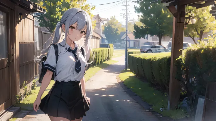 ((masterpiece)), ((highest quality)), ((High resolution)), ((Highly detailed CG Unity 8K wallpaper)), alone, tachibana kanade, tanned uniform, black skirt, white socks, outdoor, face, rural school, hanging hair, parted hair, silver hair,earphone