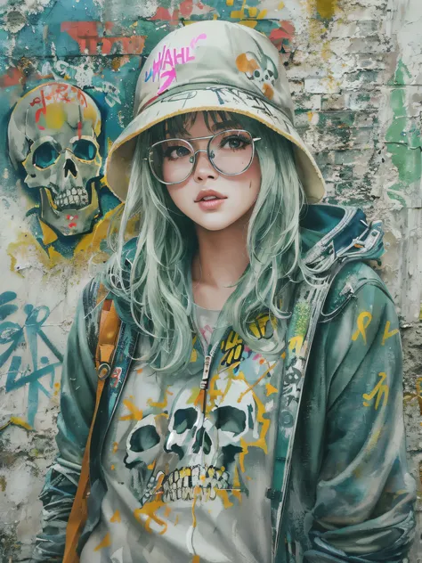 8K quality, watercolor painting, stylish design, (((The strongest beautiful girl of all time))), (((Japanese)))、Idol、clear, stylish glasses, Fashionable hats, (((highest quality))), bob hair, Place your hands on the wall, HDR, ((Detailed details)), (((skul...