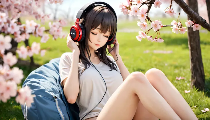 ((best quality)), ((masterpiece)), (detailed), perfect face, sitting under the cherry blossom tree, listening to music, One woman, wearing headphones, eyes closed, wearing underwear