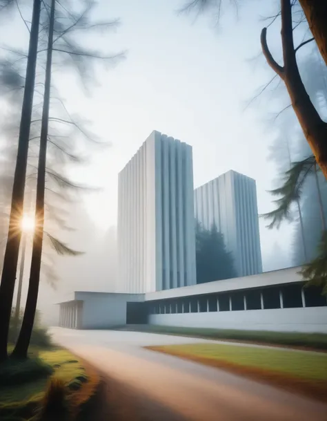 University campus located among dense coniferous forest, the facade is made in the style of Soviet brutalism made of white stone. Photo taken early in the morning, there is fog and light sunlight in the forest. There is no one in front of the university.  ...