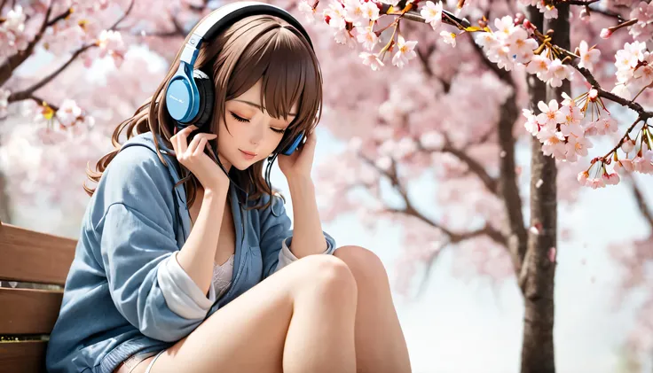 ((best quality)), ((masterpiece)), (detailed), perfect face, sitting under the cherry blossom tree, listening to music, One woman, wearing headphones, eyes closed, wearing underwear