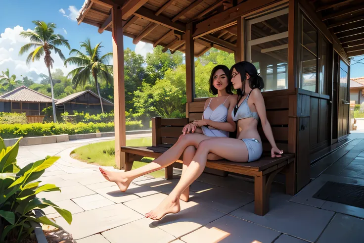 ((best quality)), ((masterpiece)), (detailed), surreal diamond gold outdoor public bathroom, shower, spa, with tropical beach background, riverside, 2 girls chatting, cozy, luxurious,  