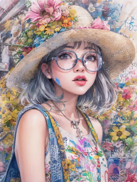 8K quality, watercolor painting, stylish design, (((The strongest beautiful girl of all time))), (((Japanese))、Idol、Yuriko Yoshitaka、clear, stylish glasses, Fashionable hats, (((highest quality))), bob hair, Lips in Love, HDR, ((Detailed details)), stylish...