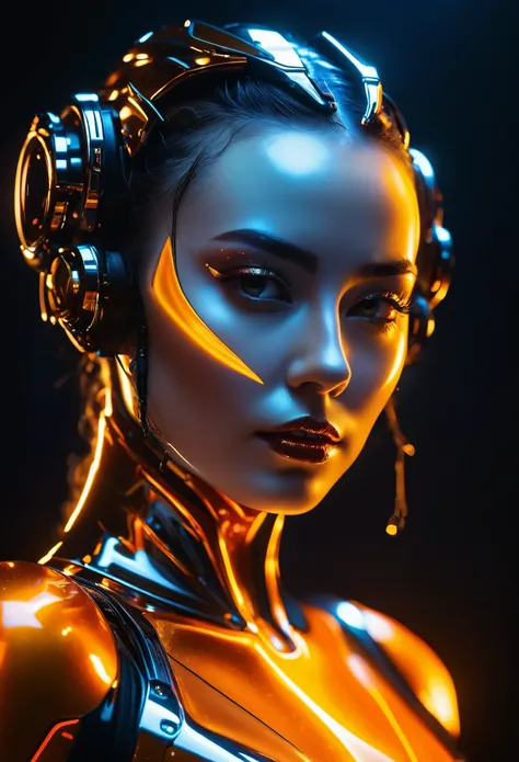 a glowing "goddess of the future" hybrid, in a liquid sinister background, shot on Hasselblad H6D-400c Multi-shot, Mitakon Speedmaster 300mm f/5,6 XCD, dynamic lighting, ultra detailed macro, cinematic CGI sharp