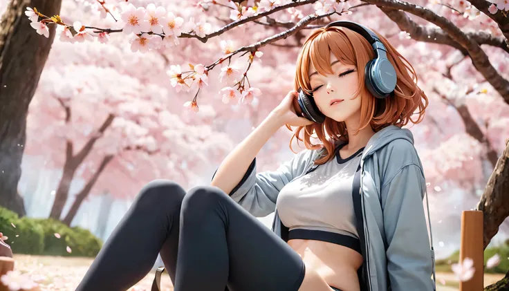 ((best quality)), ((masterpiece)), (detailed), perfect face, sitting under the cherry blossom tree, listening to music, One woman, wearing headphones, eyes closed, wearing underwear