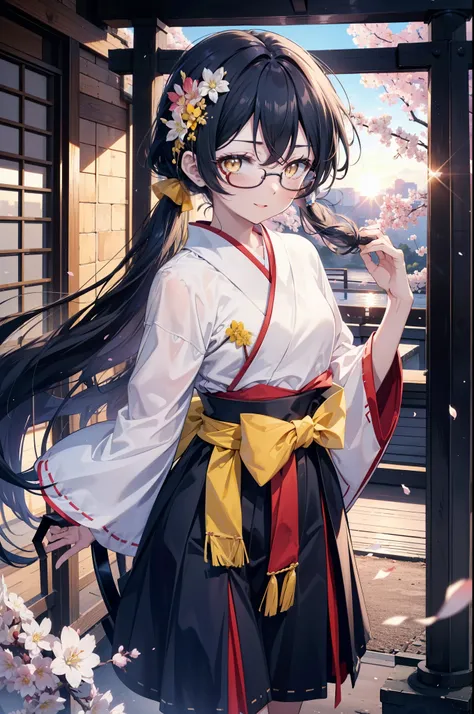 you are so kind, umi sonoda, long hair, blue hair, (yellow eyes:1.5) (flat chest:1.2),happy smile, smile, open your mouth,black rim glasses,Blue headband,
Platycodon grandiflorum,Miko, white kimono, red hakama,kimono, same as skirt, wide sleeve, long sleev...