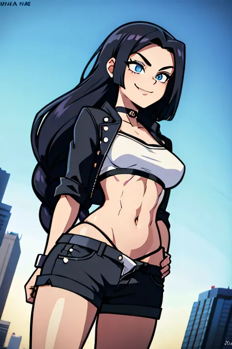 (Cartoon style), ((best quality)), depth of field, (dynamic angle), (blue eyes), 1girl, goth girl:1.2, 18 years old, long black hair, hair in one long braid down to her butt: 1.4, narrow waist, Abs, smile:1.3, navel, medium bust, Choker, tomboy, top and sh...