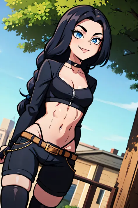 (Cartoon style), ((best quality)), depth of field, (dynamic angle), (blue eyes), 1girl, goth girl:1.2, 18 years old, long black hair, hair in one long braid down to her butt: 1.4, narrow waist, Abs, smile:1.3, navel, medium bust, Choker, tomboy, top and sh...