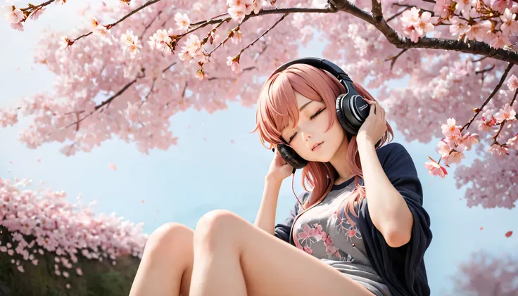 ((best quality)), ((masterpiece)), (detailed), perfect face, sitting under the cherry blossom tree, listening to music, One woman, wearing headphones, eyes closed, wearing underwear