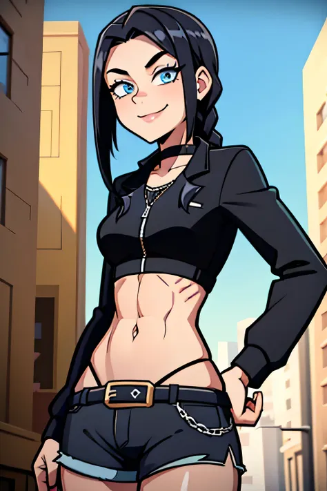 (Cartoon style), ((best quality)), depth of field, (dynamic angle), (blue eyes), 1girl, goth girl:1.2, 18 years old, long black hair, hair in one long braid down to her butt: 1.4, narrow waist, Abs, smile:1.3, navel, medium bust, Choker, tomboy, top and sh...