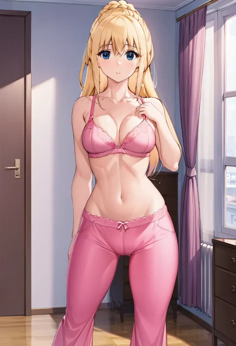 blonde hair,blue eyes, braid, long hair,medium breast,narrow waist,pink bra,pink pants,standing straight,in the room
