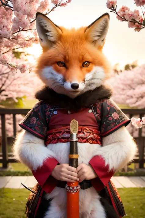 Ultra-high quality, photorealistic (1.5), 1 fox, samurai attire, holding samurai sword, proudly standing, cherry blossom trees, China background, detailed fur texture, elongated snout, bushy tail, red and white traditional samurai outfit, intricate sword d...