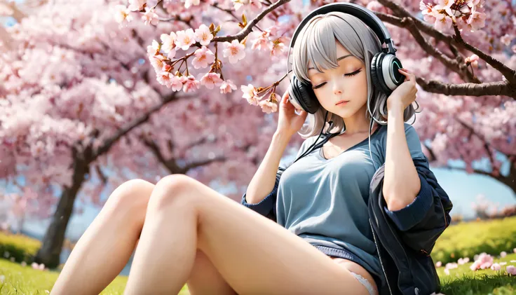 ((best quality)), ((masterpiece)), (detailed), perfect face, sitting under the cherry blossom tree, listening to music, One woman, wearing headphones, eyes closed, wearing underwear