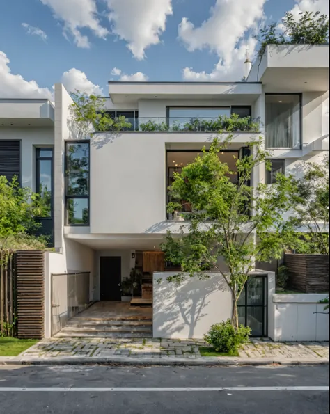 Masterpiece, high quality, best quality, authentic, super detail, outdoors, onestoreyvillaXL, aiaigroup, house style modern on the street ,stairs, white wall ,road,pavement, grass, trees, sky, cloud, (daylight:1.1)
