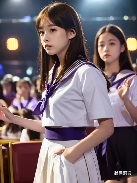 White base with purple-red sailor suit、tulle skirt、23 years old, perform on stage, concert photos, cute core、(bob hair)、(((watching the audience)))、ribbon on head、（自然でdetailed face立ち、beautiful and detailed eyes、beautiful and dense lips、very detailed eyes、d...