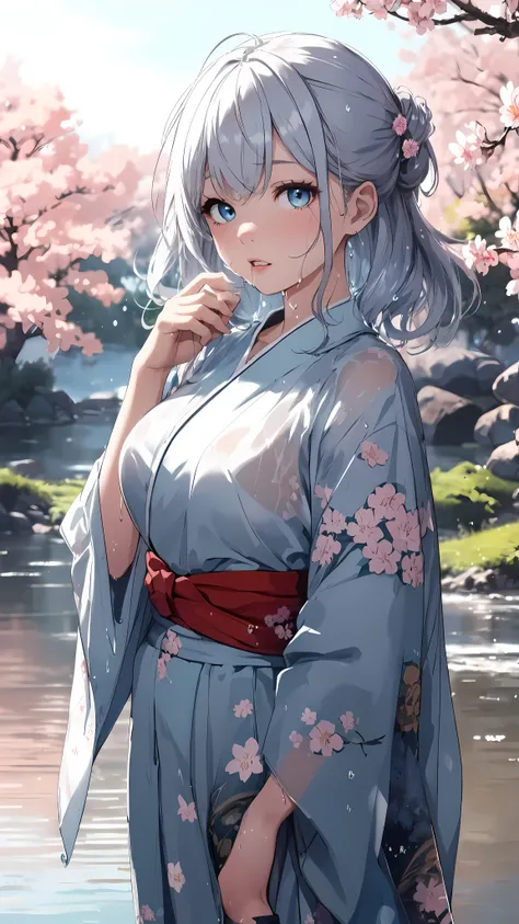 (best quality,highres,ultra-detailed,Pixiv:1.37),1 girl, full body, (7 years old girl:1.2), beautiful detailed eyes,beautiful detailed lips, girl wearing beauty large kimono, (wet, wet body, wet hair, wet skin, very wet kimono, reflection on the wet kimono...