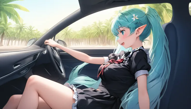 (masterpiece, best quality), 1 elven girl, ( bear breasts, thigh), (light blue hair, twin tails ,very long hair is fluttering in the wind), hair between eyes, multi colored hair,hair flower ornament ,(blush, smile, aqua eyes), open mouth, maid uniform, ...