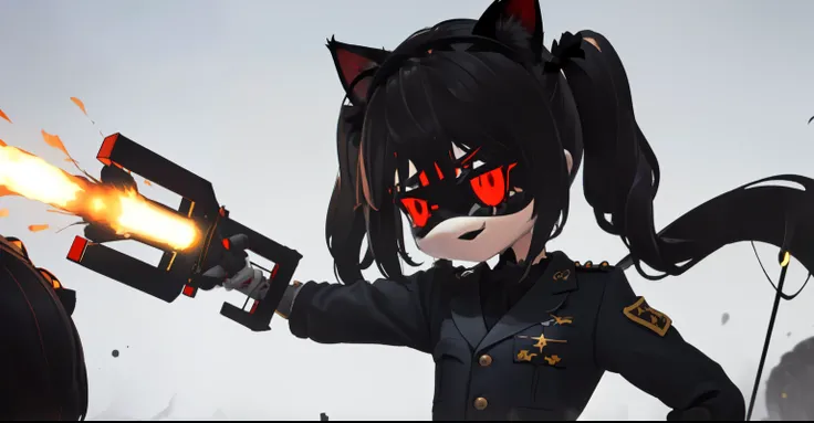 (8k hd, obra maestra, Mejor calidad, alta calidad, ),((long hair slightly wavy slightly past the shoulders, black bangs, small black pigtails on the sides, cute cat ears, beautiful thin red eyes,)), parte superior del cuerpo, hands behind the back, dron as...