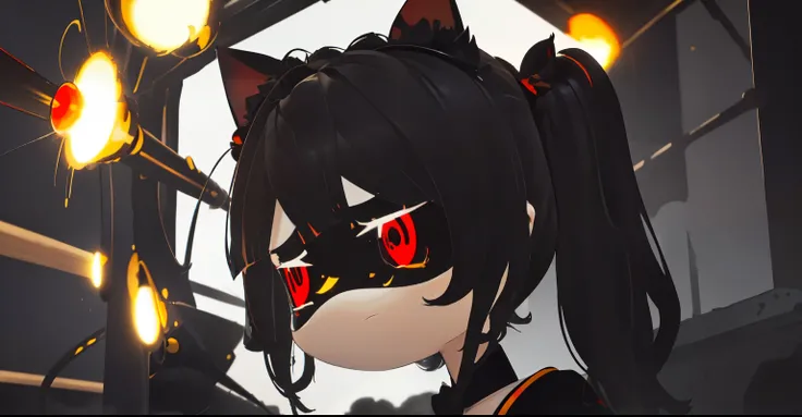 (8k hd, obra maestra, Mejor calidad, alta calidad, ),((long hair slightly wavy slightly past the shoulders, black bangs, small black pigtails on the sides, cute cat ears, beautiful thin red eyes,)), parte superior del cuerpo, hands behind the back, dron as...