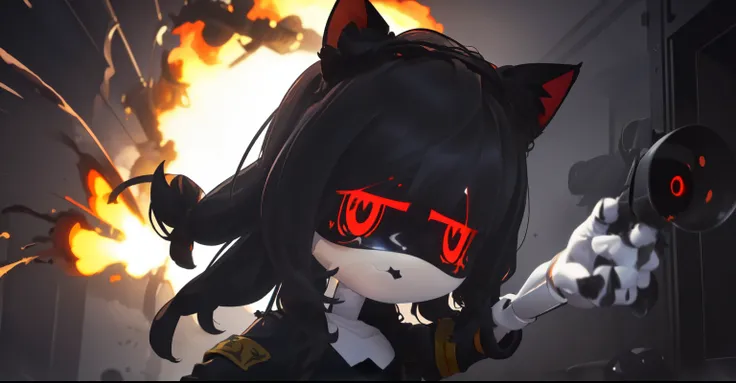 (8k hd, obra maestra, Mejor calidad, alta calidad, ),((long hair slightly wavy slightly past the shoulders, black bangs, small black pigtails on the sides, cute cat ears, beautiful thin red eyes,)), parte superior del cuerpo, hands behind the back, dron as...