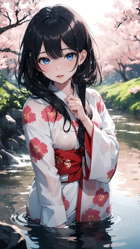 (best quality,highres,ultra-detailed,Pixiv:1.37),1 girl, full body, (7 years old girl:1.2), beautiful detailed eyes,beautiful detailed lips, girl wearing beauty large kimono, (wet, wet body, wet hair, wet skin, very wet kimono, reflection on the wet kimono...