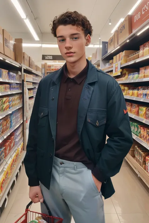 Milnrow, 2023. A young ((((19-year-old)) Liam Harper)),  tall, handsome, sharp features, piercing eyes, influencer, in the supermarket, holding a basket full of groceries, looking away, ((((casual clothings from the 2020s)))), ((curly hairstyle of the 2020...