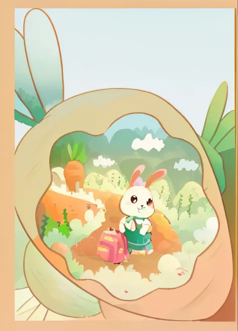 Little rabbit on the way to school，There is a schoolbag at the rabbit&#39;s feet. There are many radishes on the left.，There are many mountains and trees behind the right side.，The left back is the carrot house