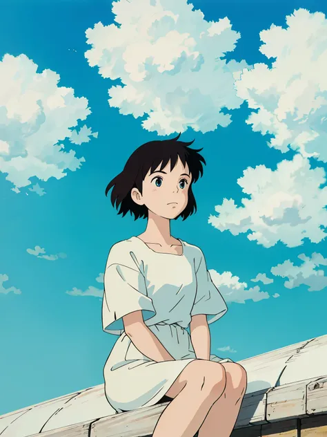 Ghibli Style,Blue sky and white clouds，a girl