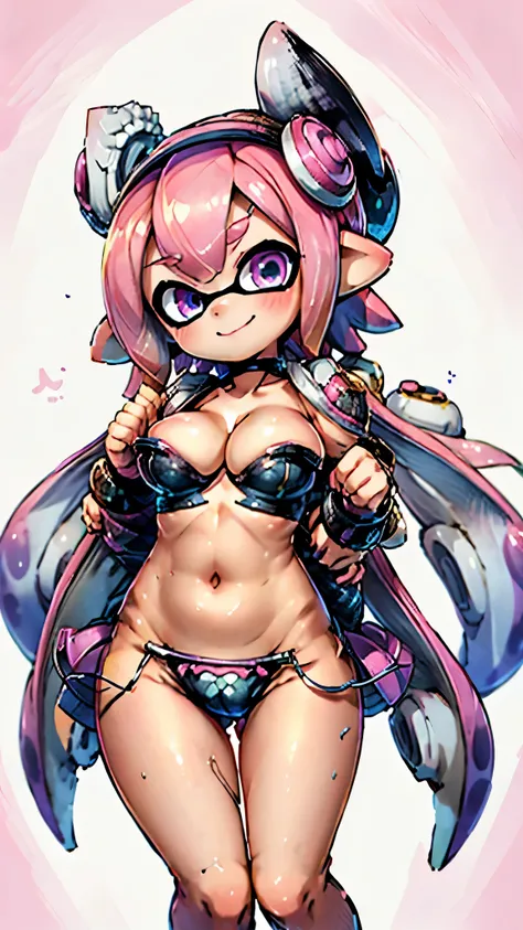 Splatoon Girl 、((super big breasts))、fua、pink tentacle hair、((cleavage、Pose that emphasizes the chest、Sexy dynamic pose))、wide open smile、big and cute eyes、beautiful eyes、bikini armor、cheek、Lipstick、