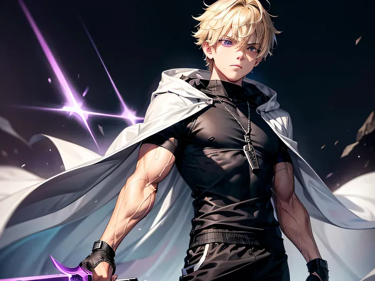 A 15-year old boy with short messy blonde hair, sharp violet eyes, a sharp face, a muscularly lean build, black runes on his forearms, wearing a white cloak over a black T-shirt and black tracksuits.