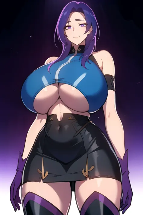 masterpiece, best quality, absurdres, 8k, perfect shadows,perfect lighting,hdr, cowboy shot,shiny skin,skindentation, beautiful body, kafka, ((Purplish Blue hair: 1.4)), long hair, (violet eyes: 1.4),  (crop top, (underboob : 1.4), elbow gloves, thigh boot...