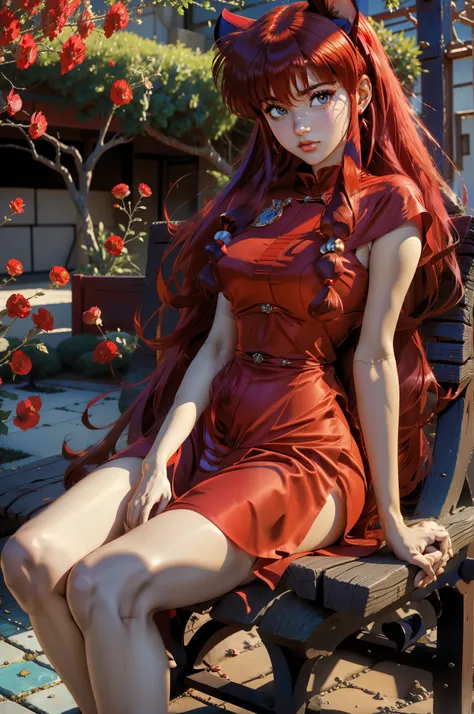 Arabian woman in a red dress with rabbit ears sitting on a bench, anime girl cosplay, seductive anime girl, anime goddess, Beautiful Asuka from Evangelion, shines red, red haired goddess, Beautiful charming anime teen, beautiful attractive anime woman, Asu...