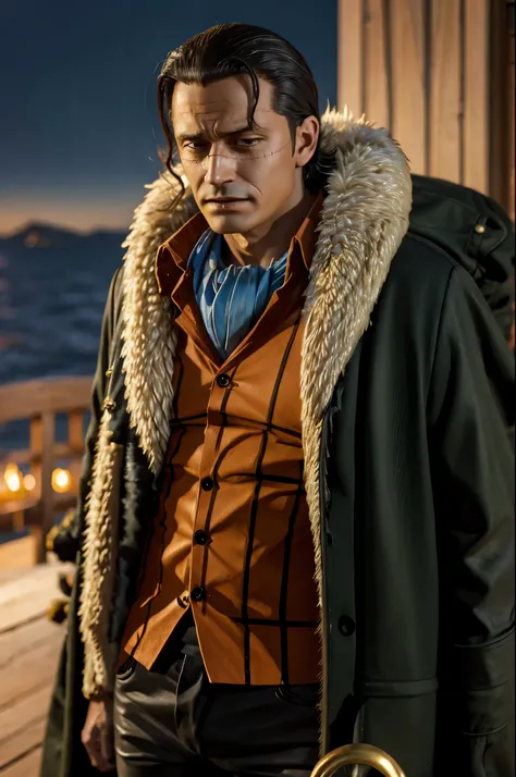 masterpiece, best quality, extremely detailed, hyperrealistic, photorealistic, a cool 40s man, ultra detailed face:1.2, fur-trimmed coat, scarf around the neck, his left hand is a golden pirate hook:1.1, ciger, sea:1.2, in the night, outraged






