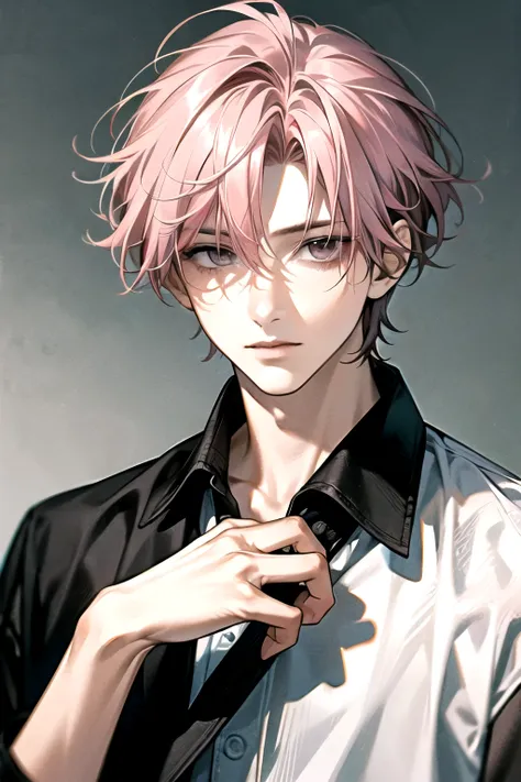 masterpiece, highest quality, super detailed, floating, high resolution, 1 boy, gray eyes, pink hair|black hair, short hair, det...