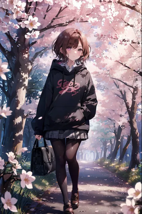 from behind, from above、A kaleidoscope of vibrant blossoms and enchanting cherry trees々surrounded by、A girl stands in a breathtaking city landscape。(Walking through the cherry blossom district:1.2),(sky scraper:0.6) ,The starry sky above is illuminated wit...