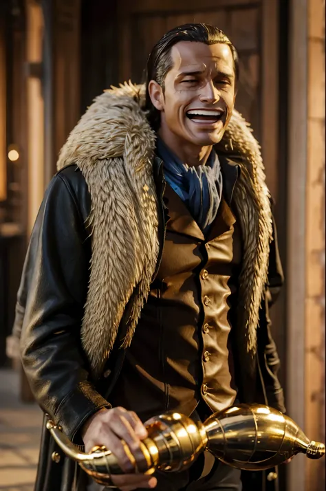 masterpiece, best quality, extremely detailed, hyperrealistic, photorealistic, a cool 40s man, ultra detailed face:1.2, fur-trimmed coat, scarf around the neck, his left hand is a golden pirate hook:1.1, ciger, casino:1.2, laughing