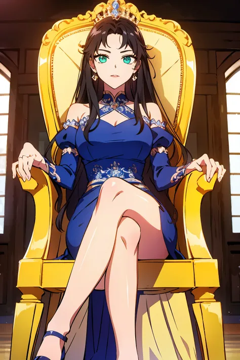 A beautiful woman sitting in chair, legs crossed, in beautiful dress, princess dress, in makeup, noblewoman, aristocrat, exceptional beauty.