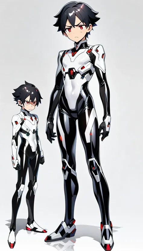 full body image, anime android robot boy, 1boy, shiny, skintight latex ((black and white)) sci-fi bodysuit, short black hair, red eyes, neutral frowning expression, plain white background