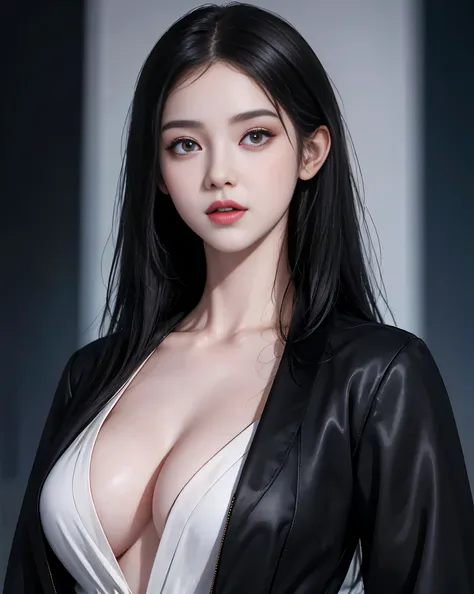 Beautiful girl with realistic black eyes, pale skin, medium length black hair, perfect face, perfect eyes, wearing a coat, very detailed, comprehensive movie, digital painting, 8K, cinematic lighting, highest quality, High resolution, Great job!, Post-proc...