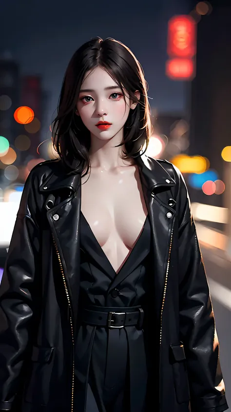 Beautiful girl with realistic black eyes, pale skin, medium length black hair, perfect face, perfect eyes, wearing a coat, very detailed, comprehensive movie, digital painting, 8K, cinematic lighting, highest quality, High resolution, great work, Post-proc...