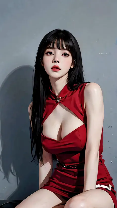 girl, black hair, 1980s (style), red sleeveless dress, long hair,big breasts