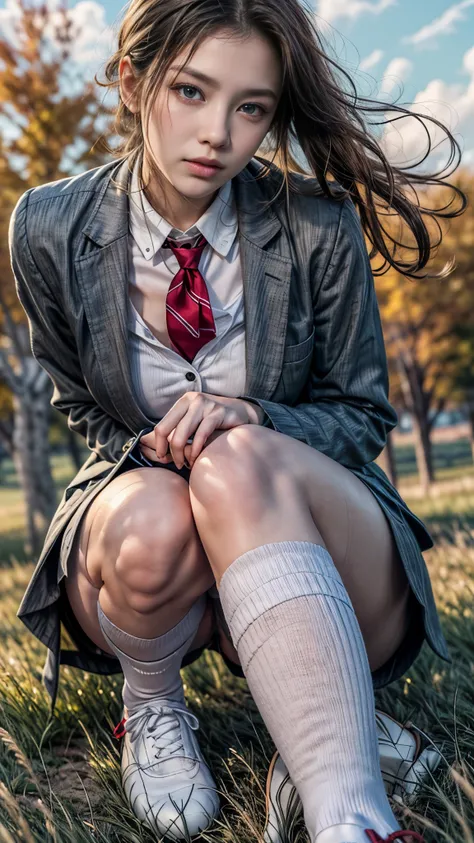 (best quality,4k,8k,highres,masterpiece:1.2),ultra-detailed,(realistic,photorealistic,photo-realistic:1.4), profesional photograph by dubnitskiy david, natural light, portraits, a beautiful young japanese girl, 17 years old, wearing ((dark grey blazer, red...