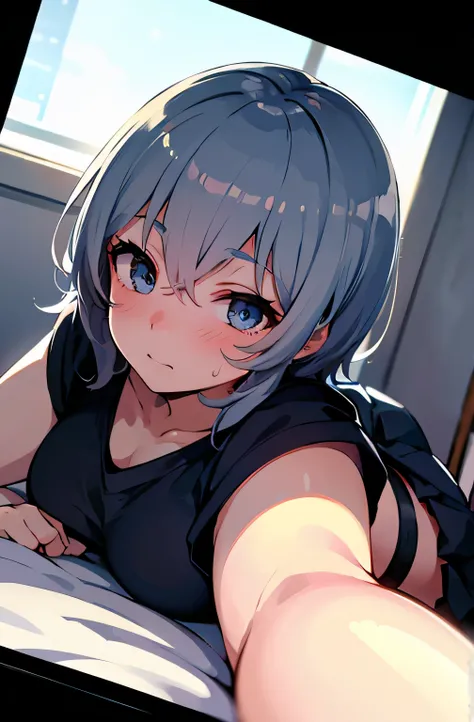 2 sweaty girls fucking, student uniform, light greyish blue hair, really short hair, shaggy hair, navy blue eyes, laying down in bed, 17 years old, messy hair, low front angle, lift shirt, lift skirt, reflected light, 8K, masterpiece, highest quality, Accu...