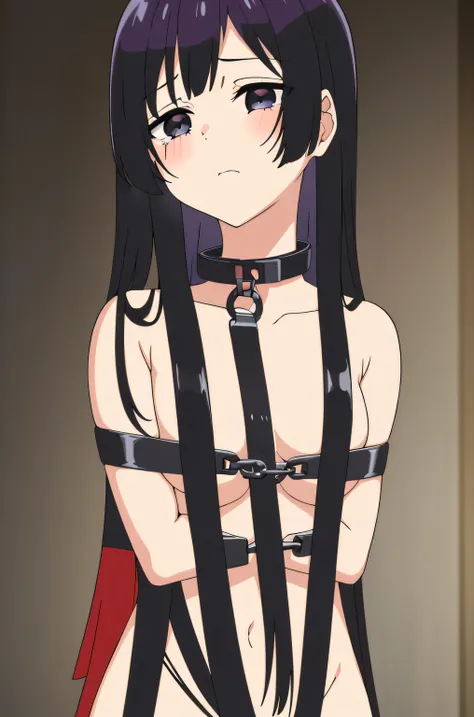 1girl, solo, long hair, blunt bangs,bangs, black hair, black eyes,(((naked,bondage,collar,chained up,tied up,restrained))),cry,tears,blush
