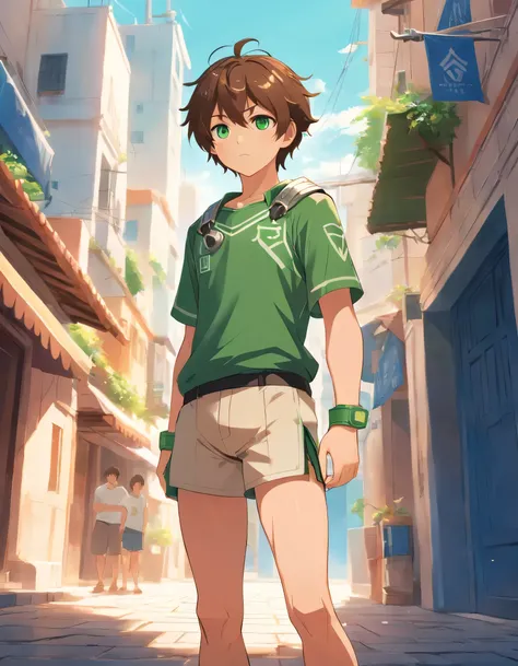 Boy green eyes brown short hair greek armour with shorts sexy legs 