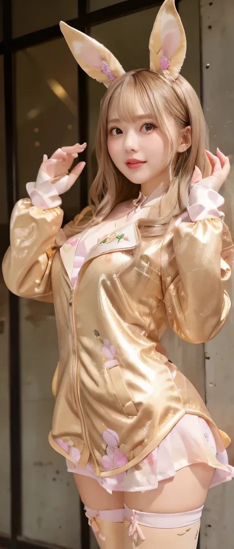 Gorgeous Bunny Girl、whole body、good style、、、、Glowing floral bunny suit（Champagne Gold）、Bunny ears、Blonde pink wavy hair、Gorgeous jacket、Fishnet tights