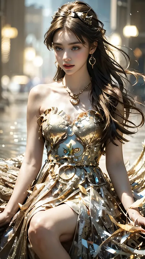 8K, ultra hd, masterpiece, 1 girl, (good face:1.4), detailed eyes, very long hair, impressive hairstyle, earings, necklace, small breasts, (golden dress:1.5), see-through, (fantasy dress:1.5) Light-colored foundation brings out the transparency of the skin...