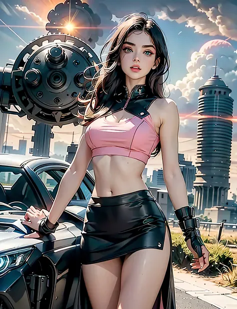 perfect female shape，leather pink skirt, dark hair, green eyes, High Dynamic Range，long eyelashes，Unbeatable masterpiece，tan skin，putting makeup on，Sexy goddess，crop top, pink skirt, large techno sword, Large mechanical gears，The setting sun burns the clou...